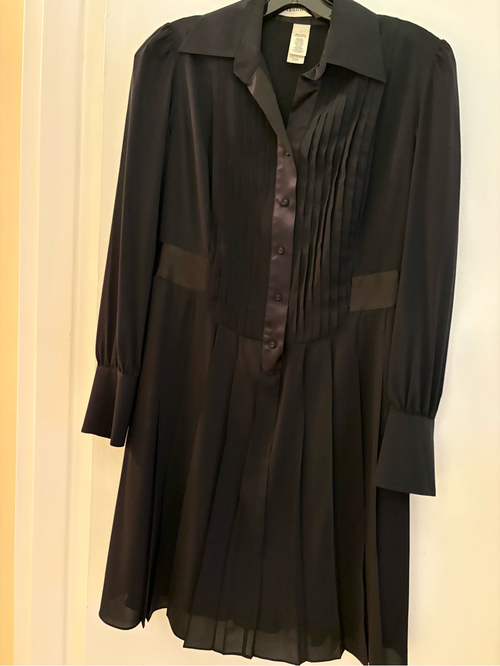 Laundry Classic Black Pleated Shirt Collar Button-Front Silk Dress